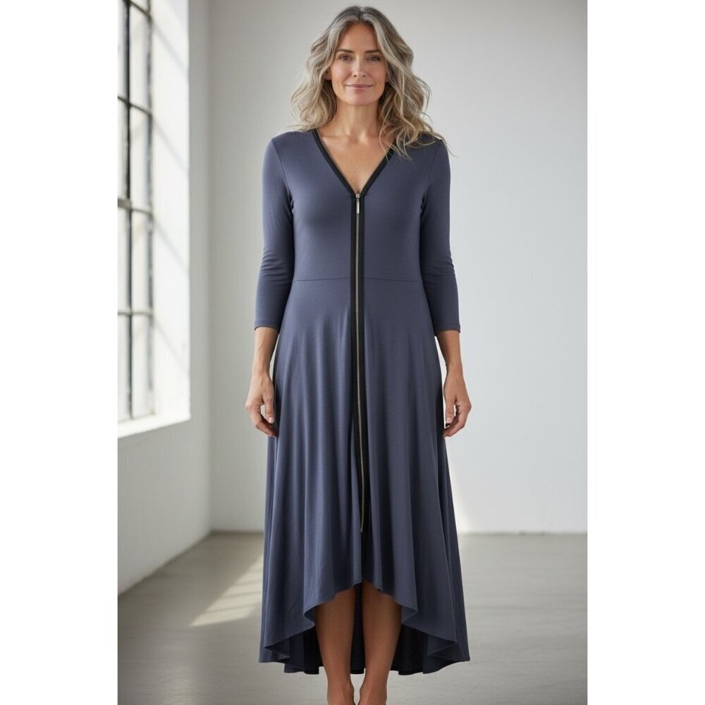 Comfy USA Slate Blue Modal Zip Front High Low Knit Dress Lagenlook Size L